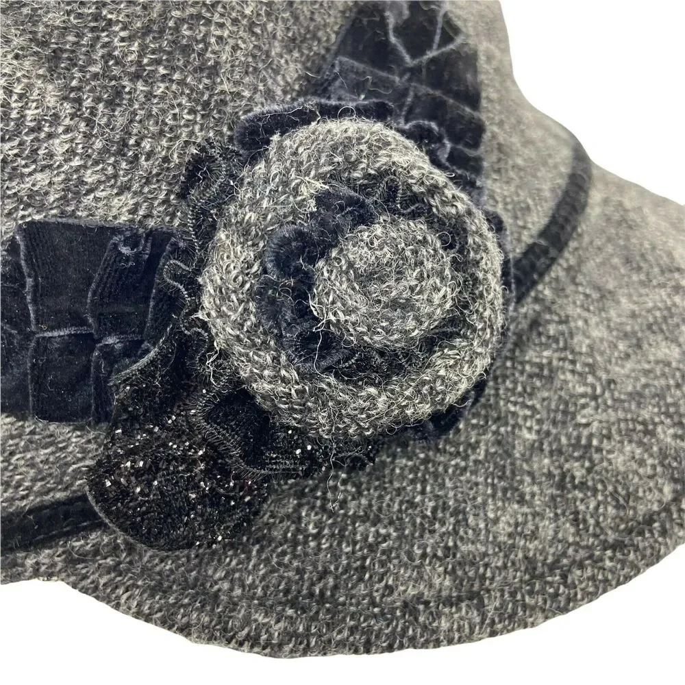 Floral Cadet Military Hat Betmar Women's Black Gray Velvet Trim Vintage Retro